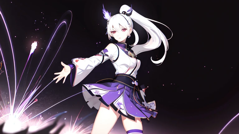 1 Girl, Japanese clothes, Ponytail ,white hair, Purple Eyes, Magic Circle, Blue flame, blue flame, wallpaper, landscape, Blood, Blood splatter, Depth of Field, night, Light Particles, light, Side Light, thigh, destiny \(series\), Genshin Impact,, open jacket, skirt, High Leg Raise, cloud