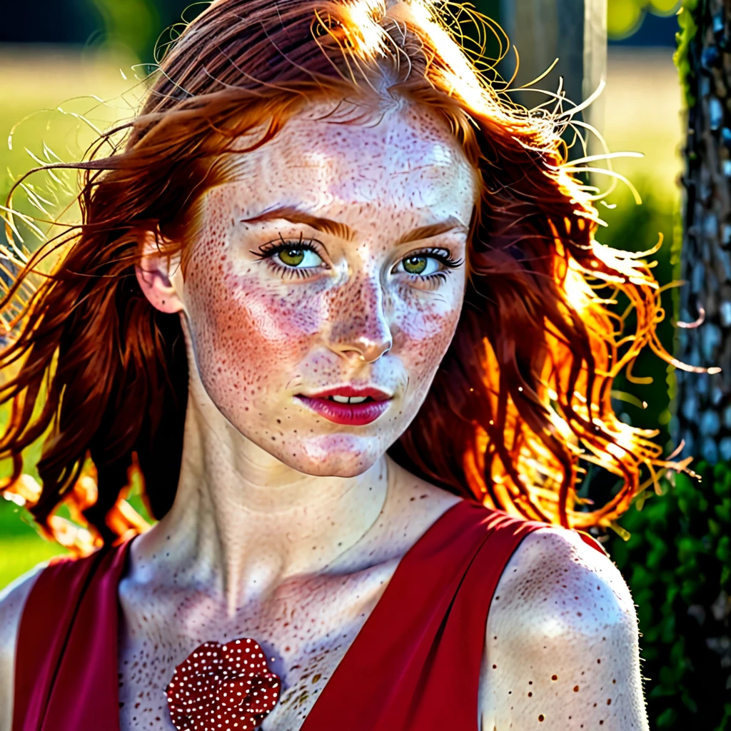 26 years old belgian redhead woman,freckles,red dress