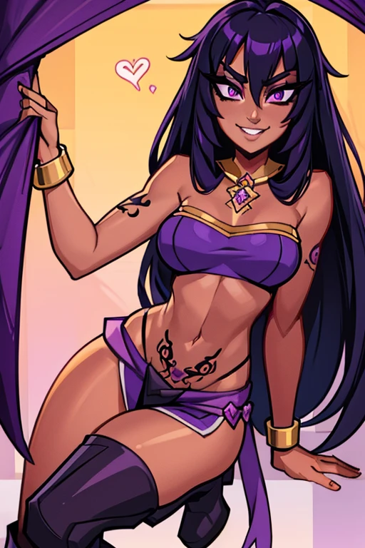 (best quality:1.3), (4K quality), (Detailed face:1.2), (Detailed eyes:1.2), ,Anime Style, solo, 1girl, 25 year old woman, sorceress, (dark skin:1.2), purple hair, wavy hair, long hair, purple eyes, mascaras, purple eyeshadow, (tattoos:1.2), medium breasts, waist, slender legs, attractive body, slim figure, perfect shape, ((Wearing: purple strapless top, purple loincloth, pelvic curtain, golden bracelets, long black boots)), holding a magical stuff, purple magic. She had a refreshing, charming personality and is ambiguous and mysterious. looking at viewer, she's looking at the camera with a flirtatious smile. Fantasy based setting with purple background. Full body portrait
