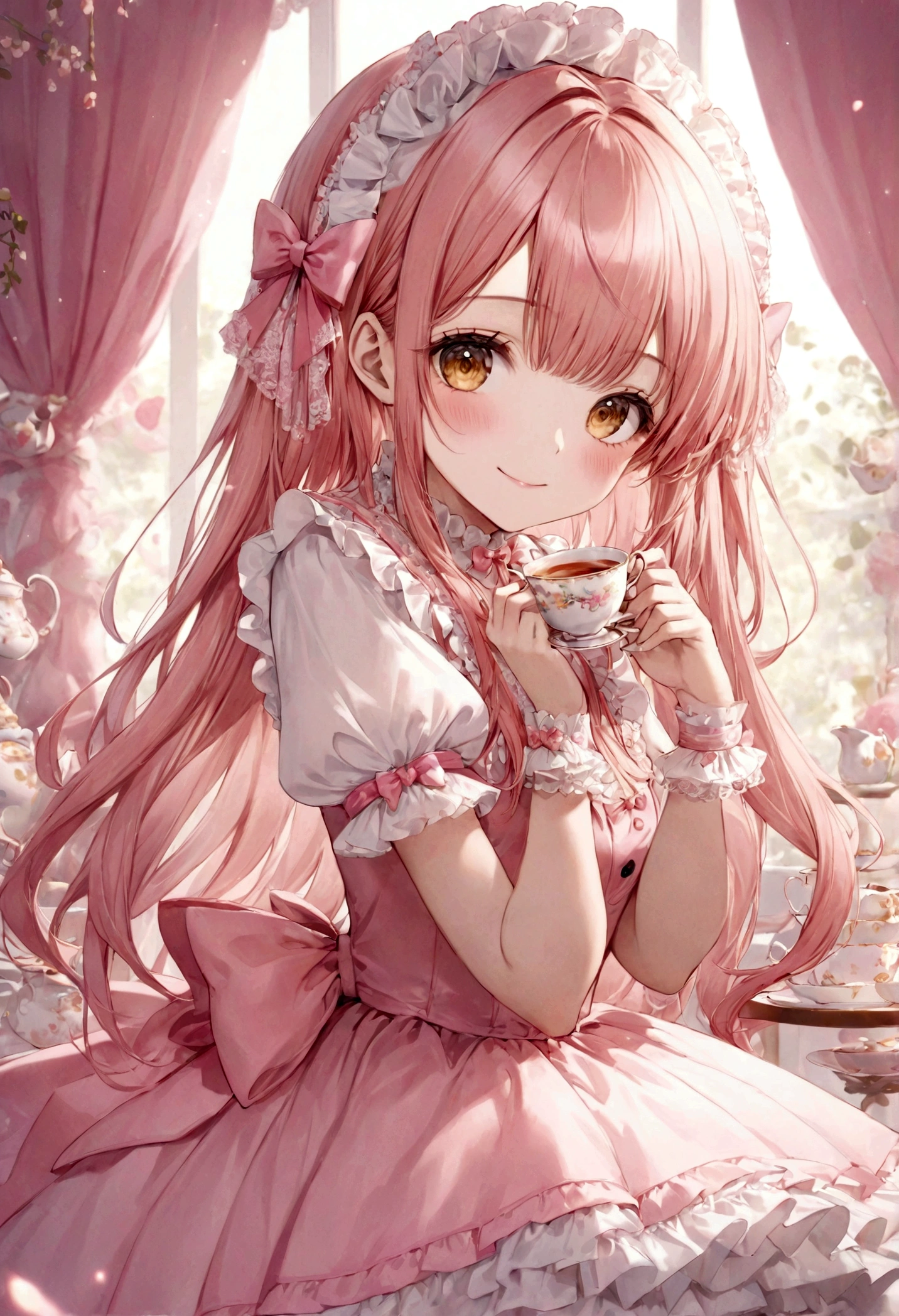 ((top-quality)), ((masterpiece)), ((ultra-detailliert)), (extremely delicate and beautiful), peach pink hair, long straight hair, golden eyes, cute woman, wearing pink lolita dress, lolita dress with lace, cute smile, pink sash bows, tea party background
