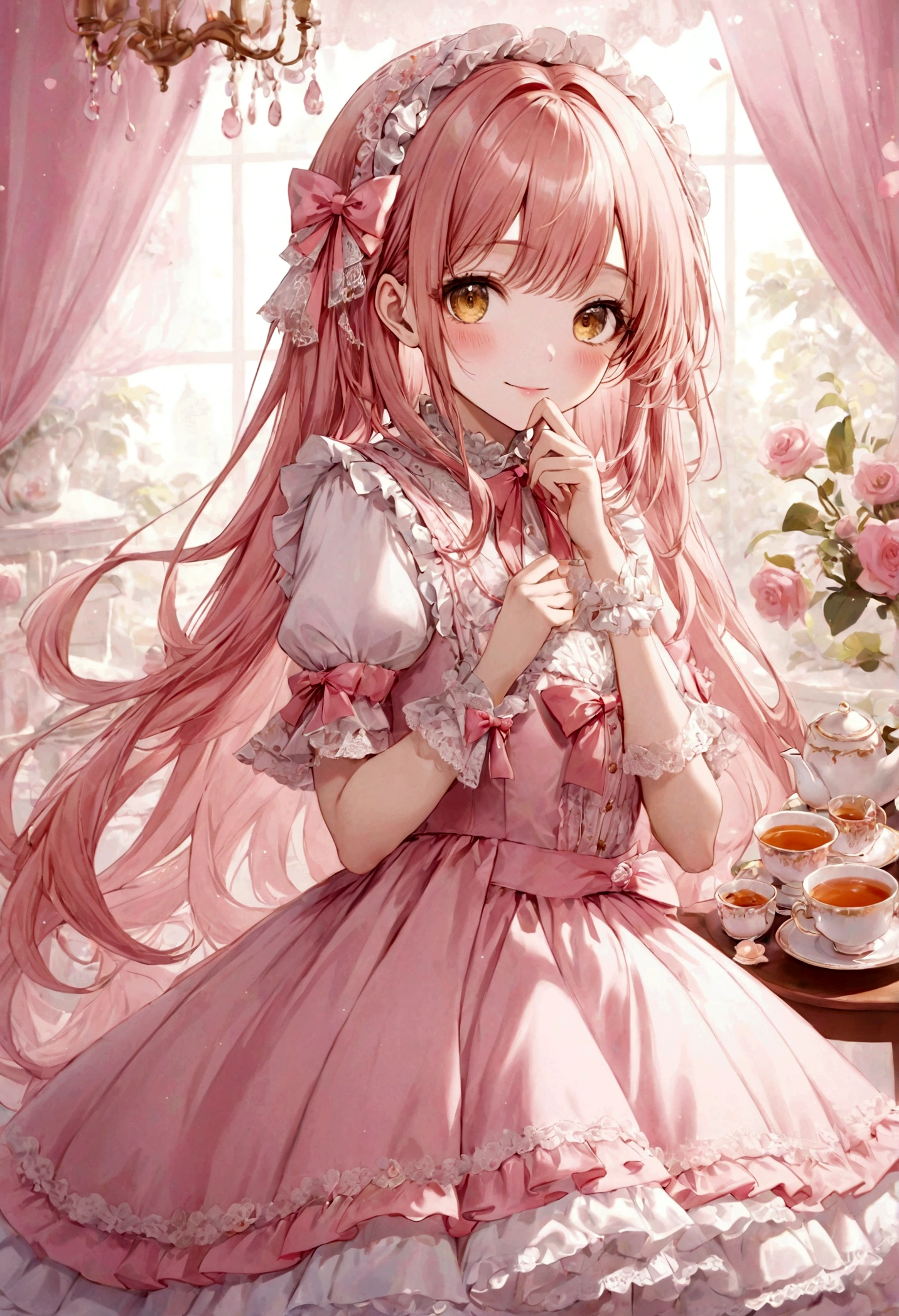 ((top-quality)), ((masterpiece)), ((ultra-detailliert)), (extremely delicate and beautiful), peach pink hair, long straight hair, golden eyes, cute woman, wearing pink ta dress, loliress with lace, cute smile, pink sash bows, tea party background