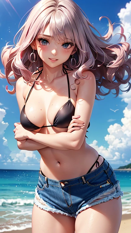 A girl is posing for a photo,pretty girl,Enchanting girl,Anime Girls,
(((One Girl,Baby Face,))),
BREAK
((denim shorts black bikini:1.5))、(silver earrings)、
BREAK
((Matte pink hair:1.4、Too much hair、Curly hair、Wavy Hair、Hair blowing in the wind、Shaggy Hair、Quite long natural curls:1.4)),(Drooping eyes,blue eyes),(Small breasts),
BREAK
(Beautiful Hair,Shiny Hair),
(Expression of fine eyes,Beautiful and delicate eyes,Sparkling eyes,Eye Reflexes),
(double eyelid,Long eyelashes),
(Beautiful Nose,Thin Nose),
(Glossy lips,Beautiful Lips,Thick lips),
(Symmetrical facial features,Perfect Face),(((Detailed skin,Oily skin,Textured skin,Beautiful Skin))),
break
(grin),
((noon、Beach1.4、sunlight)),((Are standing、Cross your arms:1.4、Cowboy Shot)),
break
(((highest quality)),((masterpiece)),((Very detailed))),((High resolution),(8k),(16k,1080p),(Anime 2D Rendering)),(Anatomically correct),
((Realistic)), (The best CG),Highly detailed art,CG illustration,