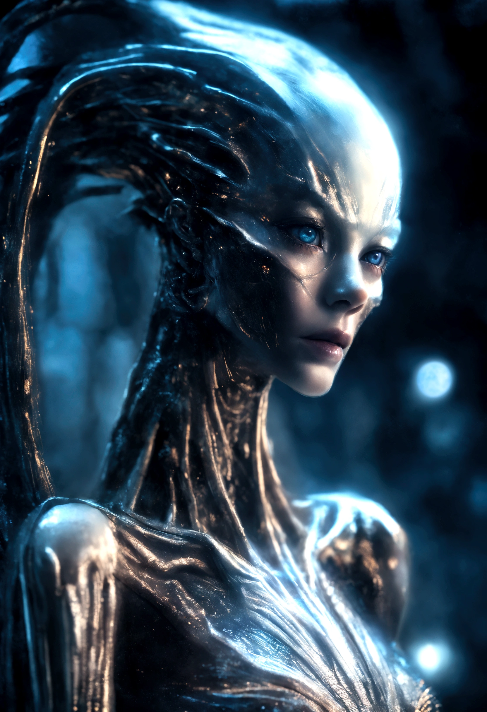 fantchar, a translucent ethereal alien with delicate features in a sci-fi setting, glowing from within, sparks and lights, moonlight, moon, close-up, realistic, highly detailed, intricate, naked woman
