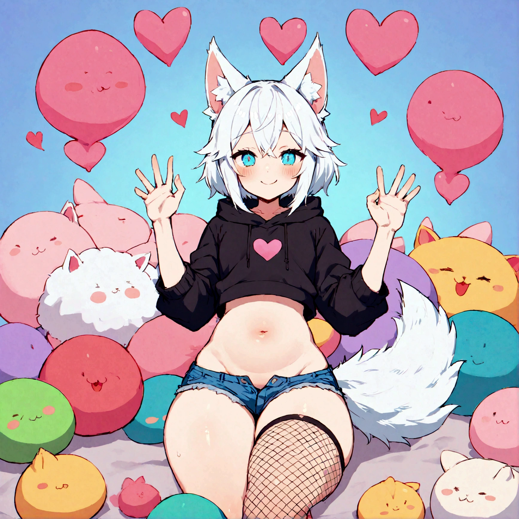 a cute adult male with wolf ears, white hair, has a wolf tail, wearing a loose cropped oversized black hoodie, wearing a pair of denim short shorts and fishnet stockings, thick thighs, wide hips, relaxing on mound of fluffy multi colored kawaii plushies, short, very slim, showing slender tummy, stretching out, heart on hoodie, squishy thighs, has glowing blue eyes. alone, solo (ALONE)(SOLO) happy, smiling, sexually suggestive pose