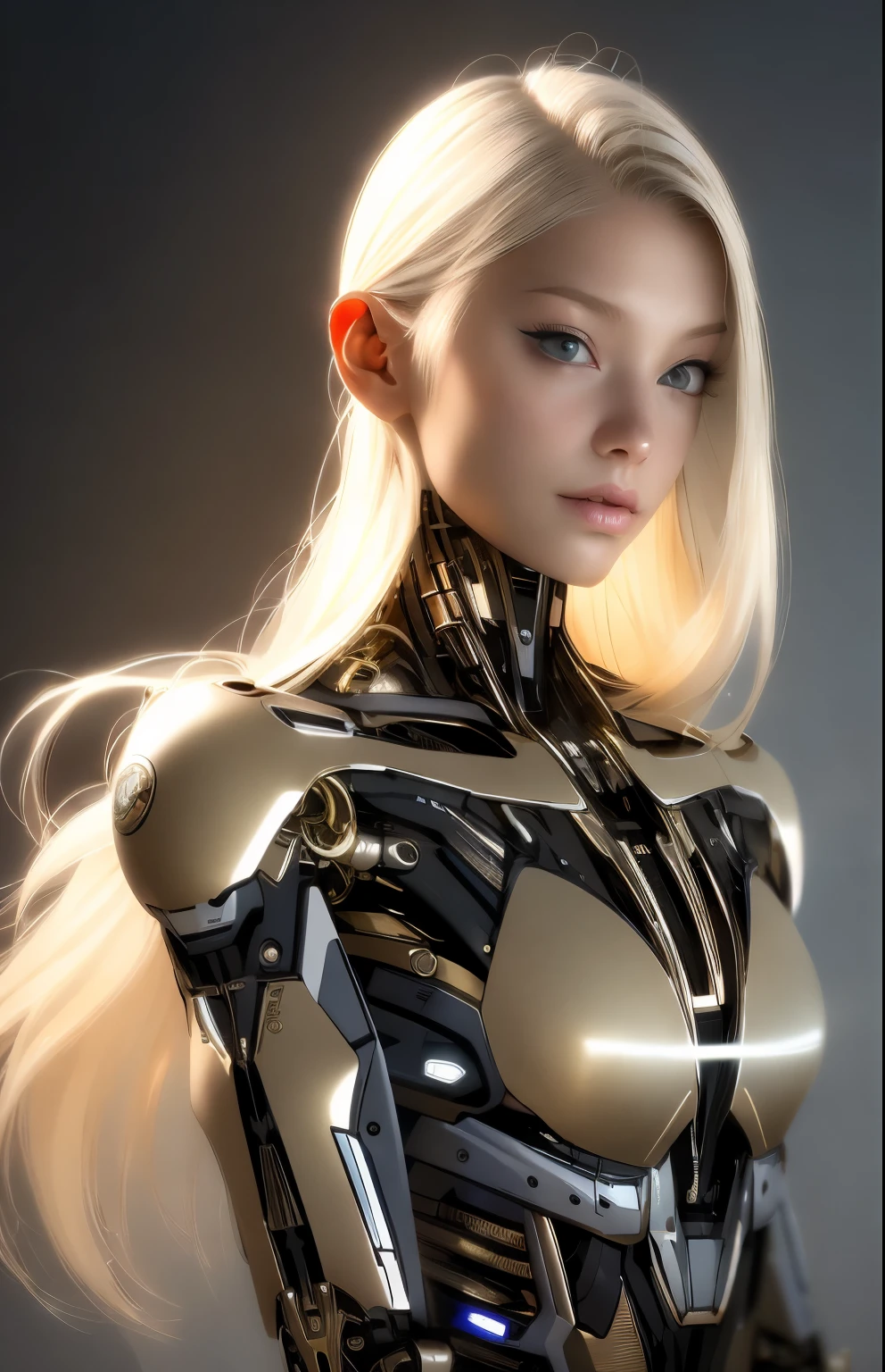 Intricate 3d rendering of highly detailed beautiful female cyborg, beautiful girl face, blonde hair, nude torso, mechanical limbs, 150 mm, beautiful studio soft light, rim light, vibrant details, luxurious cyberpunk, lace, surreal, anatomy, facial muscles, cables wires, microchip, elegant, beautiful background, octane rendering, HR Giger style, 8k, best quality, masterpiece, illustration, very delicate and beautiful, very detailed, CG, unity, wallpaper , (fidelity, fidelity: 1.37), amazing, fine detail, masterpiece, best quality, official art, very detailed cg unity 8k wallpaper, absurd, unbelievably absurd, robot, full body, thigh gap
