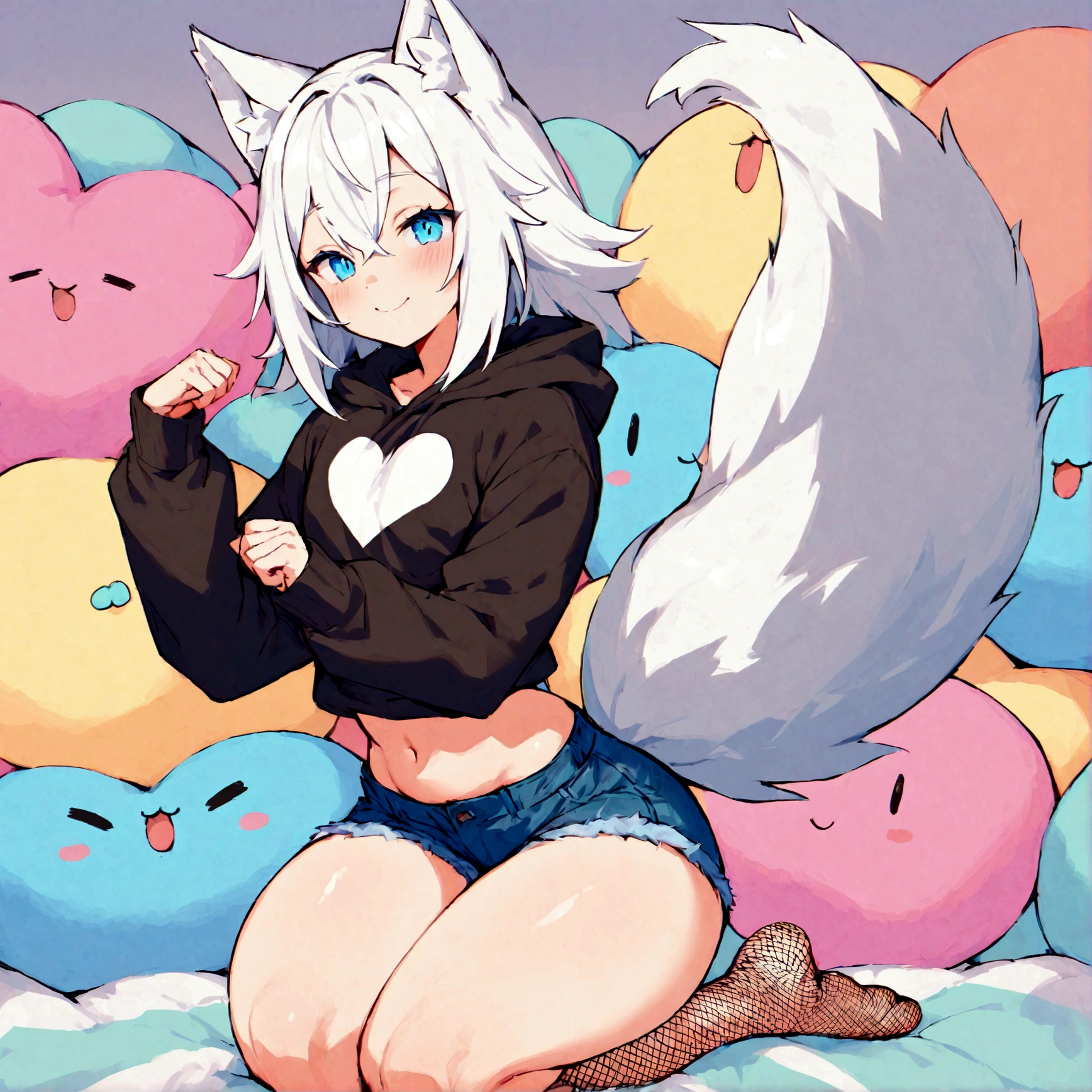 a cute adult male with wolf ears, white hair, has a wolf tail, wearing a loose cropped oversized black hoodie, wearing a pair of denim short shorts and fishnet stockings, thick thighs, wide hips, relaxing on mound of fluffy multi colored kawaii plushies, short, very slim, showing slender tummy, stretching out, heart on hoodie, squishy thighs, has glowing blue eyes. alone, solo (ALONE)(SOLO) happy, smiling, sexually suggestive pose