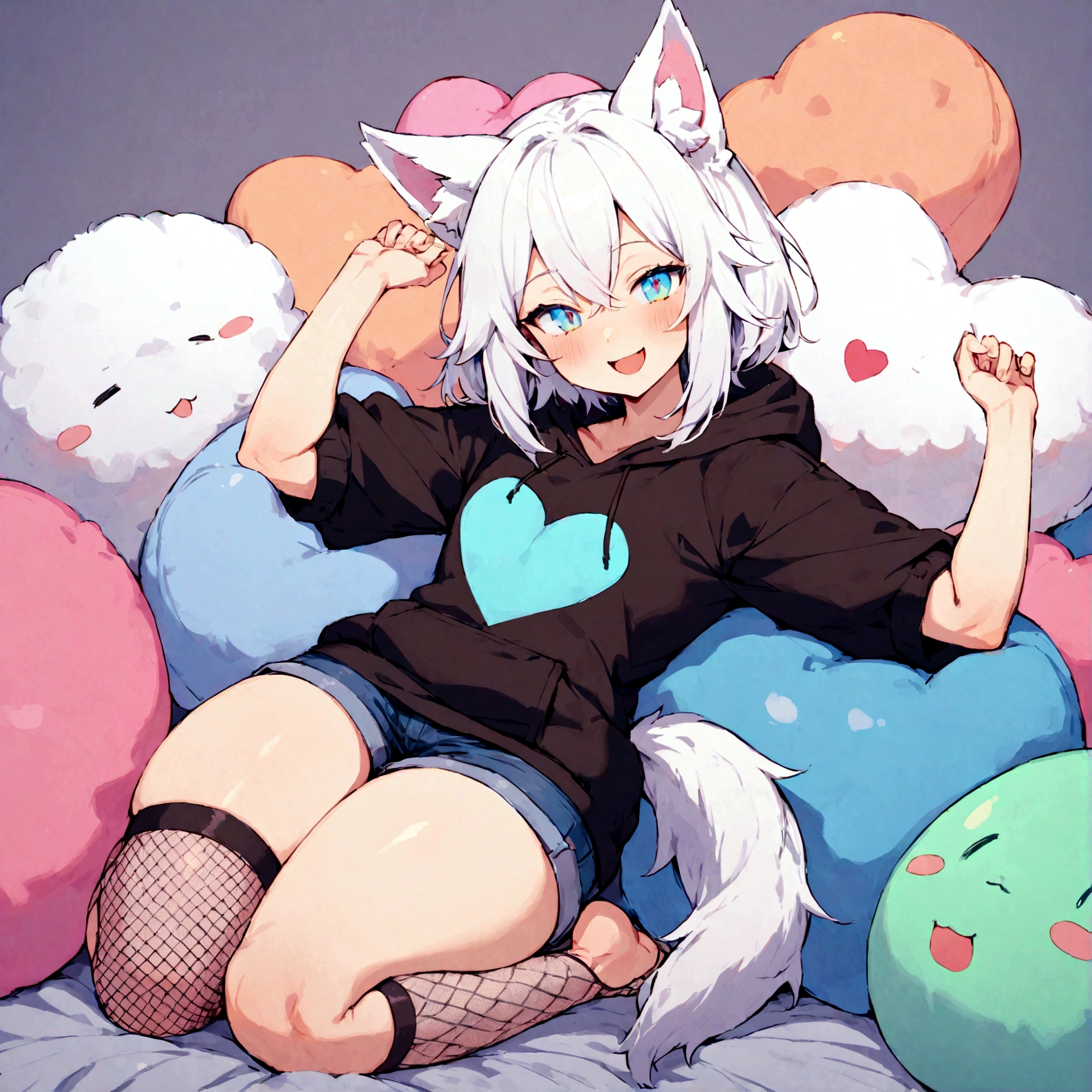 a cute adult male with wolf ears, white hair, has a wolf tail, wearing a loose cropped oversized black hoodie, wearing a pair of denim short shorts and fishnet stockings, thick thighs, wide hips, relaxing on mound of fluffy multi colored kawaii plushies, short, very slim, showing slender tummy, stretching out, heart on hoodie, squishy thighs, has glowing blue eyes. alone, solo (ALONE)(SOLO) happy, smiling, sexually suggestive pose