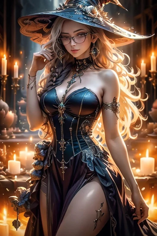 A beautiful witch with glasses, wearing a sexy dress, posing in a seductive manner, highly detailed, (best quality,4k,8k,highres,masterpiece:1.2),ultra-detailed,(realistic,photorealistic,photo-realistic:1.37),HDR,UHD,studio lighting,ultra-fine painting,sharp focus,physically-based rendering,extreme detail description,professional,vivid colors,bokeh,portrait
