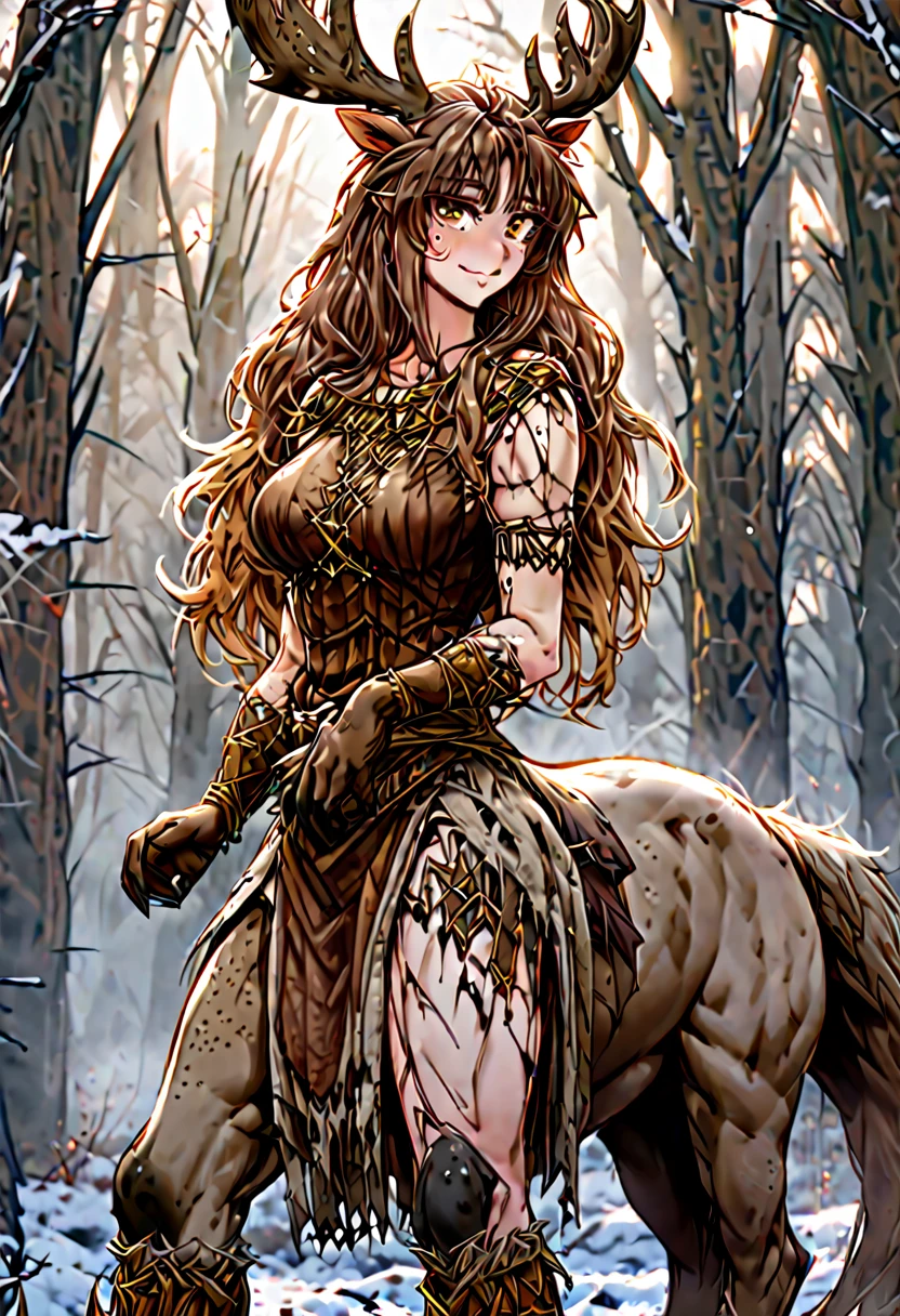 Solo, female, sfw, medium shot, brown hair, long hair, wild hair, deer antlers, huge woman, brown eyes, torn cape, winter, forest, freckles, shy smile, shy pose, ((deer centaur)), deer centaur, villager clothes, medieval, furry legs, deer legs, deer body, deer lower body