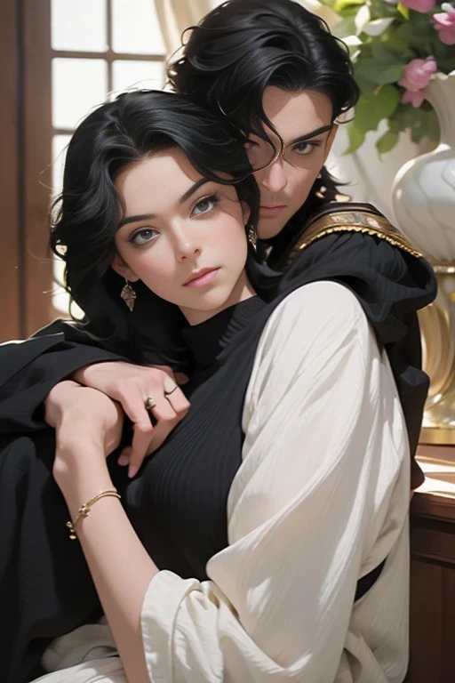 (masterpiece, highest quality, high resolution, 8k, difficulty: 1.2) photorealistic book cover in the genre of epic romantic fantasy, in the center of which a COUPLE (a man and a woman) is depicted. Spring romantic fantasy in the center stands a handsome, tall, statuesque, courageous young brunette man with long black hair, blue eyes, dressed in an ancient black military uniform and golden armor, he hugs from behind a beautiful, incredibly beautiful young femme fatale blonde woman with very short wheat-colored hair, gray-blue eyes, she The princess. proportional, delicate, shimmering, beautiful faces, daytime bokeh, fairy tale fairy, mysterious, bright spring color scheme, (Best quality, 8K, high resolution, Masterpiece: 1.2), Over-detailed (Realistic, Photorealistic, photorealistic-realistic: 1.37), Artistic decoration in a creative style, Historical, classic, sophistication, multicolor, high detail, soft lighting, luxurious furnishings, dress with details, bright flowers, exquisite jewelry, Unearthly atmosphere, Elegant pose, Graceful curves, Loose hair, Breathtaking patterns on textiles, Delicate floral decor, Dazzling set of crystal accessories, mysterious and dreamy atmosphere, impeccable attention to detail. expressive eyes, beautiful face.