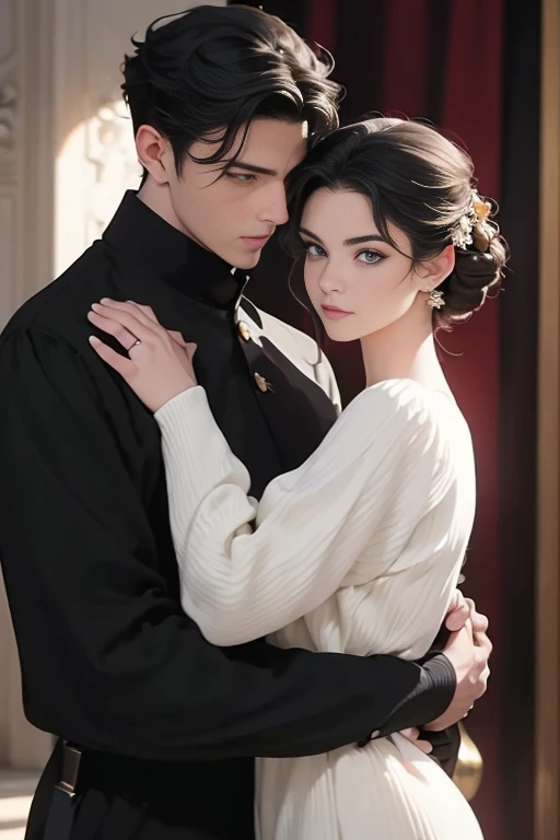 (masterpiece, highest quality, high resolution, 8k, difficulty: 1.2) photorealistic book cover in the genre of epic romantic fantasy, in the center of which a COUPLE (a man and a woman) is depicted. Spring romantic fantasy in the center stands a handsome, tall, statuesque, courageous young brunette man with long black hair, blue eyes, dressed in an ancient black military uniform and golden armor, he hugs from behind a beautiful, incredibly beautiful young femme fatale blonde woman with very short wheat-colored hair, gray-blue eyes, she The princess. proportional, delicate, shimmering, beautiful faces, daytime bokeh, fairy tale fairy, mysterious, bright spring color scheme, (Best quality, 8K, high resolution, Masterpiece: 1.2), Over-detailed (Realistic, Photorealistic, photorealistic-realistic: 1.37), Artistic decoration in a creative style, Historical, classic, sophistication, multicolor, high detail, soft lighting, luxurious furnishings, dress with details, bright flowers, exquisite jewelry, Unearthly atmosphere, Elegant pose, Graceful curves, Loose hair, Breathtaking patterns on textiles, Delicate floral decor, Dazzling set of crystal accessories, mysterious and dreamy atmosphere, impeccable attention to detail. expressive eyes, beautiful face.