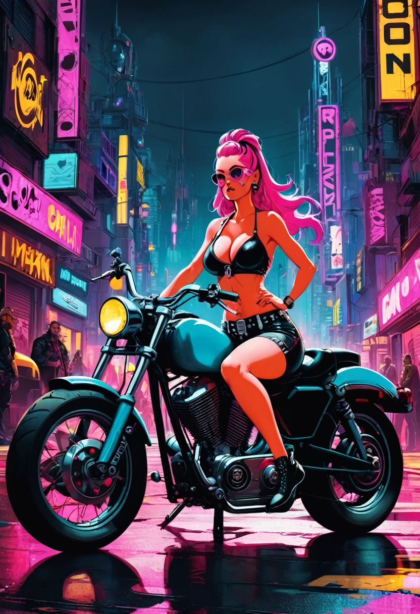 Mean Girl, a mean girl, (Hipster bad pin-up girl with shorts:1.2), chopper bike, chilling, neon punk city background, 8k, concept art, by Greg Rutkowski, (perfect anatomy:1.5) , high contrast, digital, clear focus, cinematic, intricate details, darkly comedic,