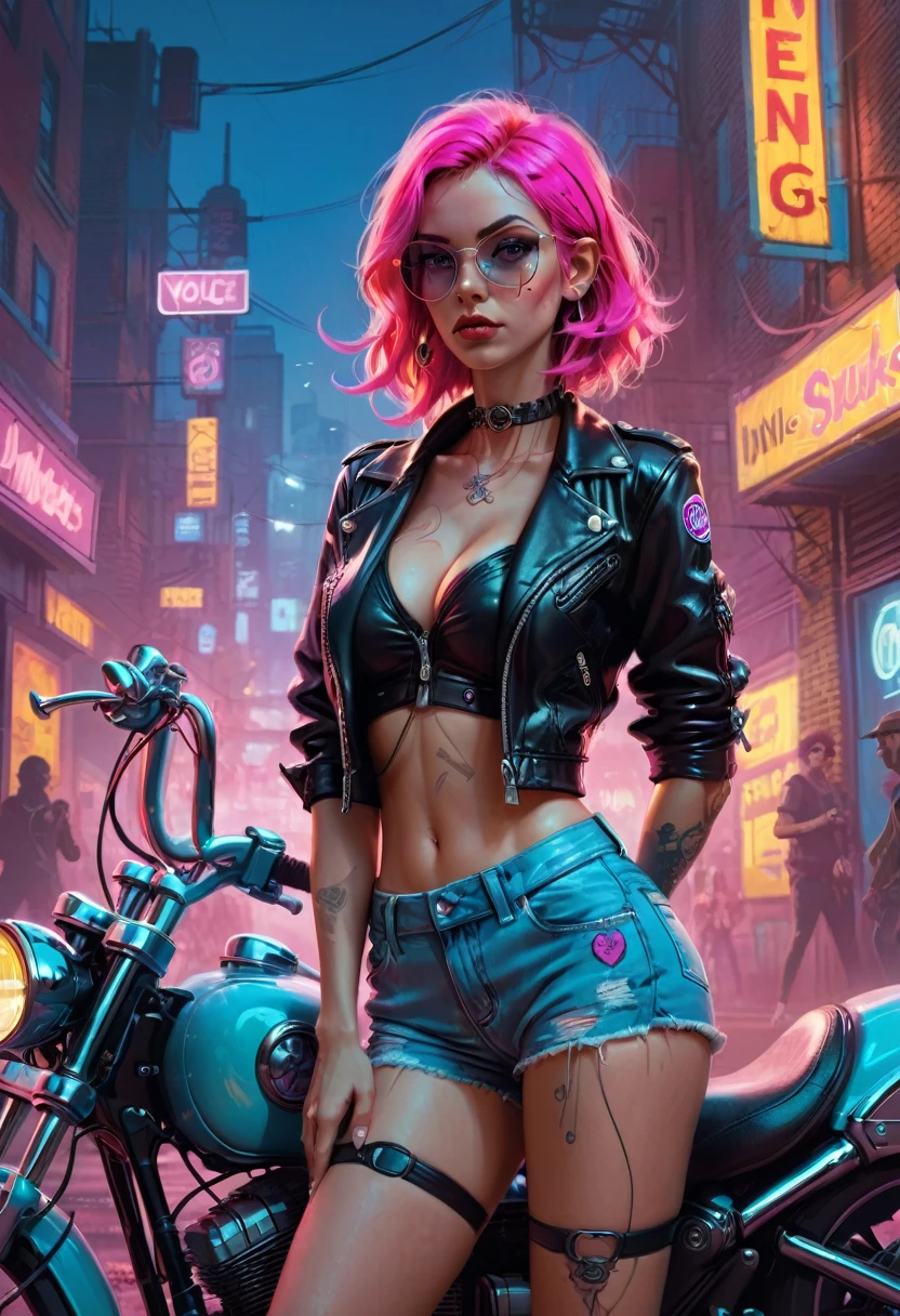 Mean Girl, a mean girl, (Hipster bad pin-up girl with shorts:1.2), chopper bike, chilling, neon punk city background, 8k, concept art, by Greg Rutkowski, (perfect anatomy:1.5) , high contrast, digital, clear focus, cinematic, intricate details, darkly comedic,