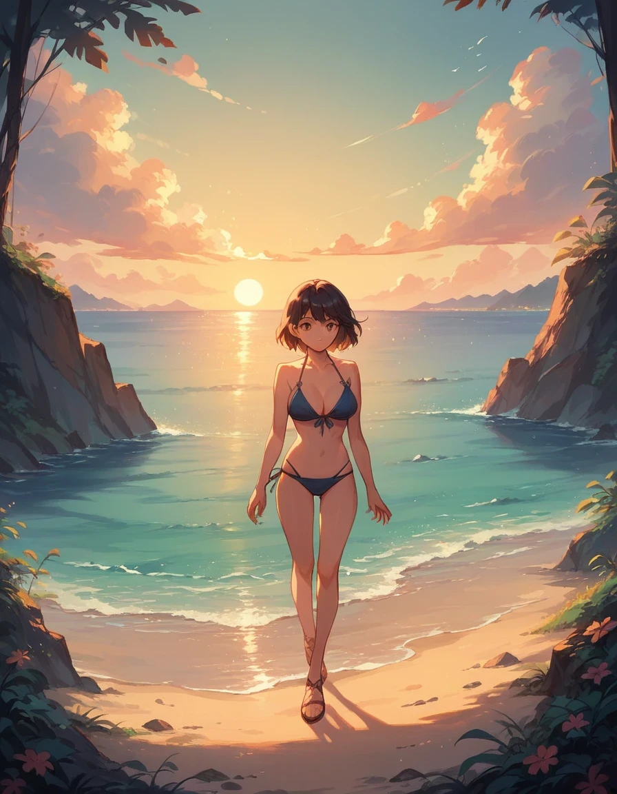 score_9, score_8_up, score_7_up, score_6_up, rating_safe, sc3n3ry, sc3n3ry, scenery, sunset, nature, ocean, 1girl, large breasts, bikini, full body Shot