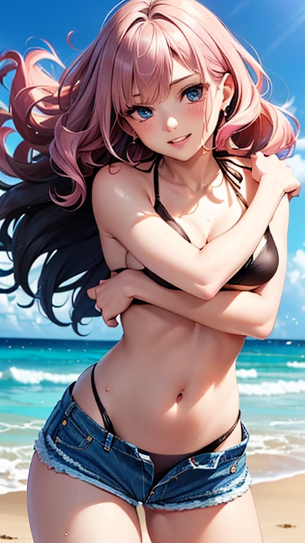 A girl is posing for a photo,pretty girl,Enchanting girl,Anime Girls,
(((One Girl,Baby Face,s old))),
BREAK
((denim shorts black bikini:1.5))、(silver earrings)、
BREAK
((Matte pink hair:1.4、Too much hair、Curly hair、Wavy Hair、Hair blowing in the wind、Shaggy Hair、Quite long natural curls:1.4)),(Drooping eyes,blue eyes),(Small breasts),
BREAK
(Beautiful Hair,Shiny Hair),
(Expression of fine eyes,Beautiful and delicate eyes,Sparkling eyes,Eye Reflexes),
(double eyelid,Long eyelashes),
(Beautiful Nose,Thin Nose),
(Glossy lips,Beautiful Lips,Thick lips),
(Symmetrical facial features,Perfect Face),(((Detailed skin,Oily skin,Textured skin,Beautiful Skin))),
break
(grin),
((noon、Beach1.4、sunlight)),((Are standing、Cross your arms:1.4、Dynamic Pose)),
break
(((highest quality)),((masterpiece)),((Very detailed))),((High resolution),(8k),(16k,1080p),(Anime 2D Rendering)),(Anatomically correct),
((Realistic)), (The best CG),Highly detailed art,CG illustration,