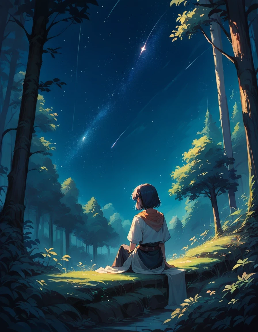 score_9, score_8_up, score_7_up, score_6_up, rating_safe, sc3n3ry, star (sky), starry sky, 1girl, forest, sitting, full body Shot