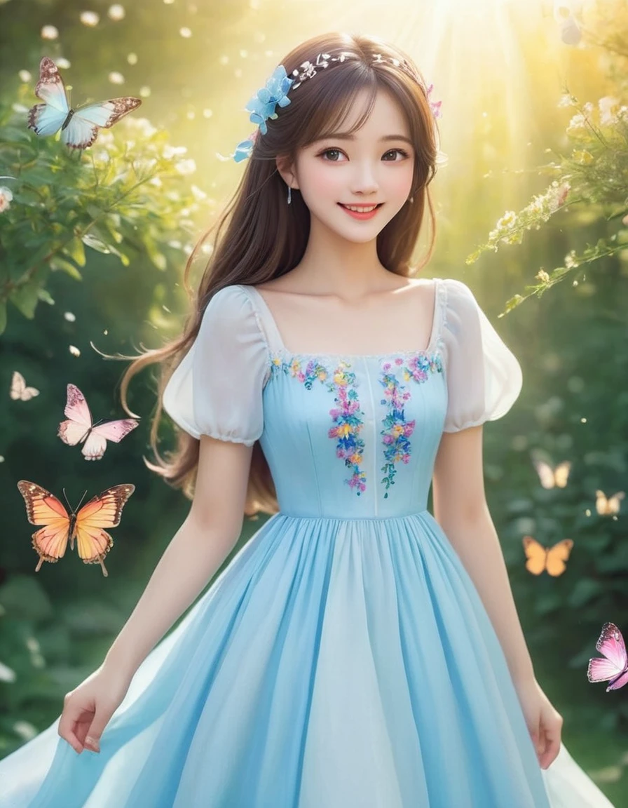 (close up face), smile, princess strolling through a garden blooming with flowers under the summer sun. Her dress is a bright color reminiscent of the summer sky, and its hem sways lightly in the wind. Her cheeks are slightly reddened by the sunlight, and her eyes sparkle with the joy of summer. Around her, colorful butterflies dance, and birds sing their songs.