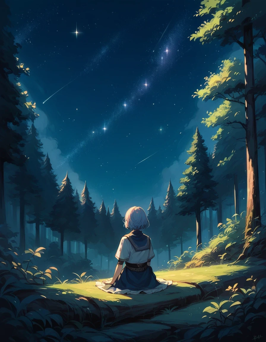 score_9, score_8_up, score_7_up, score_6_up, rating_safe, sc3n3ry, star (sky), starry sky, 1girl, forest, sitting, Long Shot