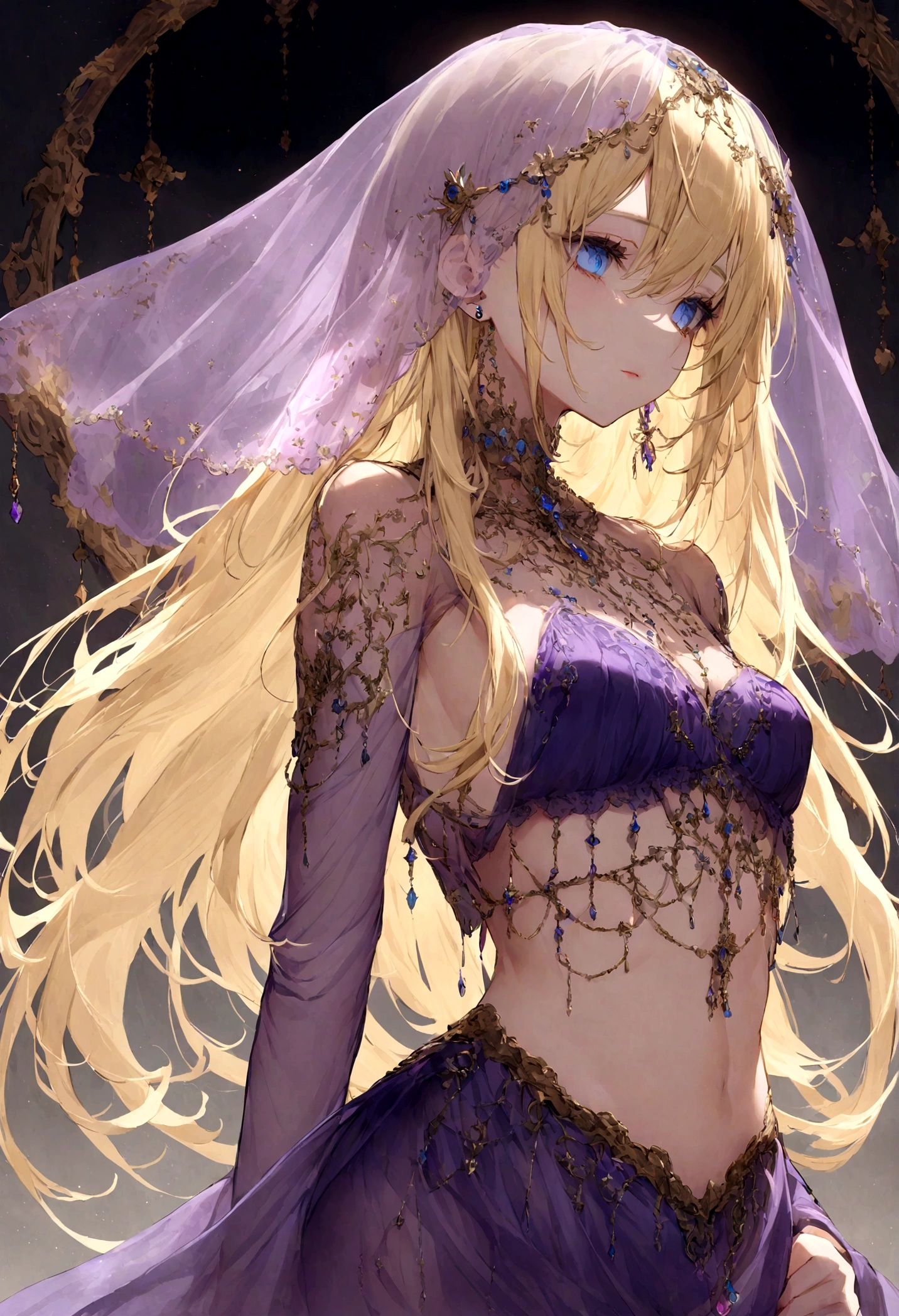 She has long blonde hair cascading down her back.Piercing blue eyes. Her outfit consists of delicate, thin chains and ornamental pieces that barely cover her body. A translucent purple veil covers her lower face, with intricate jewelry adorning her neck, arms, and waist. Her eyes are framed by a look of subservience.