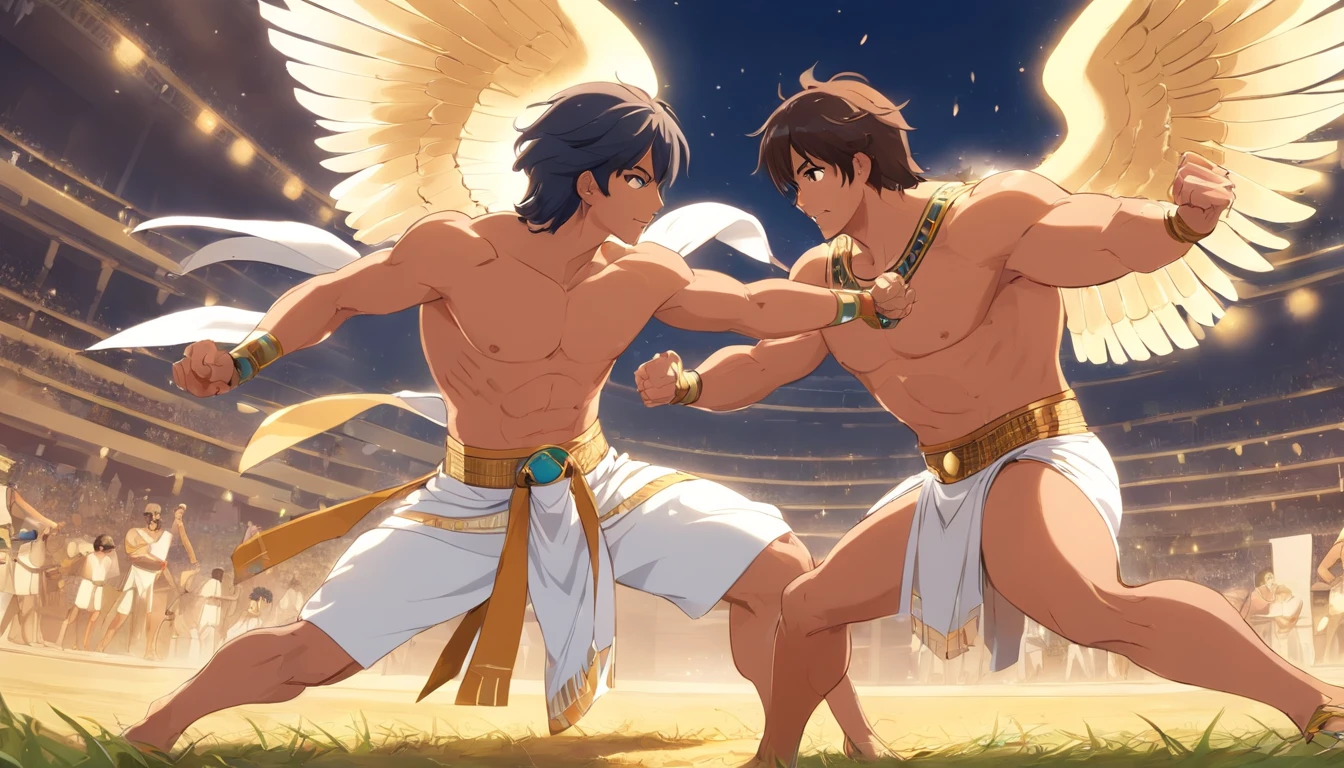 Two muscular men in ancient egyptian style dress and fight against each other in ancient wrestling, one man in normal Egyptian cloth, other man is an angel in white clothes, on a grassy field