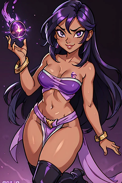 (best quality:1.3), (4K quality), (Detailed face:1.2), (Detailed eyes:1.2), ,Anime Style, solo, 1girl, 25 year old woman, sorceress, (dark skin:1.2), purple hair, wavy hair, long hair, purple eyes, mascaras, purple eyeshadow, (tattoos:1.2), medium breasts, waist, slender legs, attractive body, slim figure, perfect shape, ((Wearing: purple strapless top, purple loincloth, pelvic curtain, golden bracelets, long black boots)), holding a magical stuff, purple magic. She had a refreshing, charming personality and is ambiguous and mysterious. looking at viewer, she's looking at the camera with a flirtatious smile. Fantasy based setting with purple background. Full body portrait
