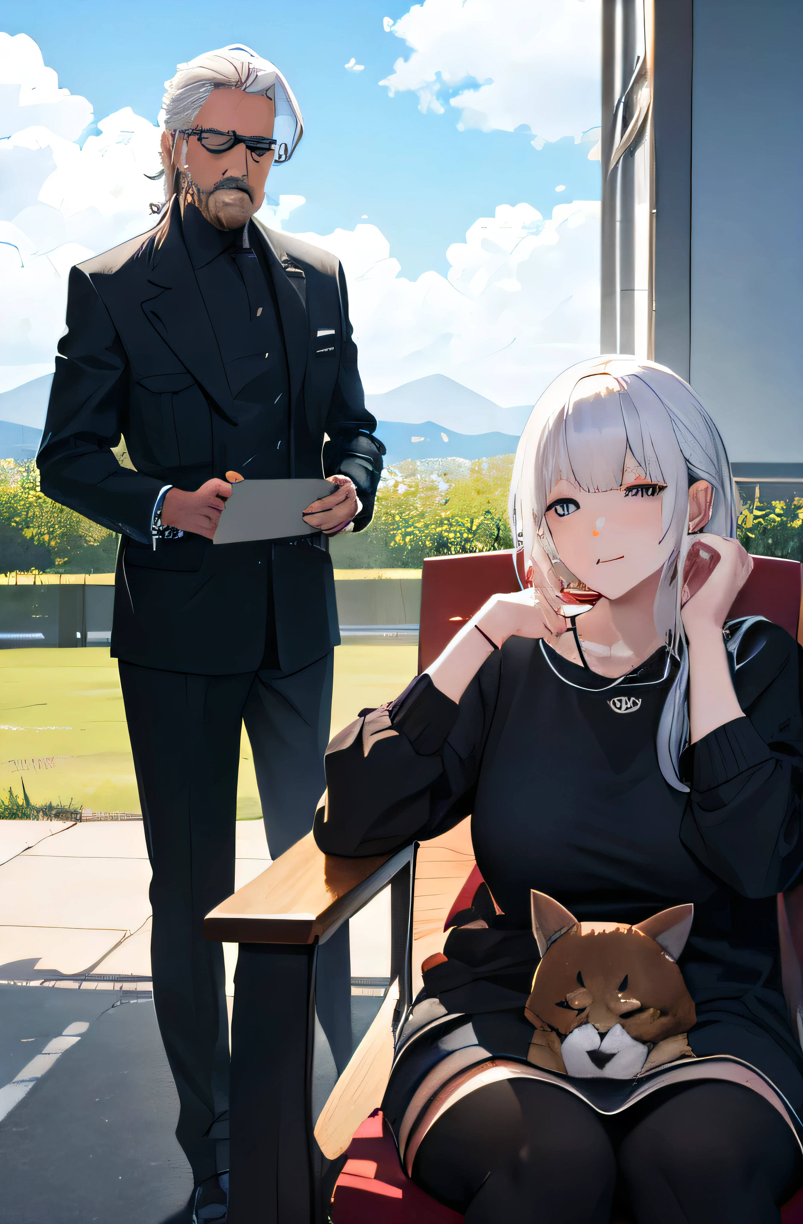 anime style, In the midnight, basking in the sun on military base. BREAK A kind-looking old man and woman sit in chairs, smiling with their eyes narrowed. BREAK Both are gazing at the ICBM, with their dog nearby, who is also sleeping. BREAK The old man is wearing 眼帯, his hair is thin and white. BREAK The old woman's hair is white, and both have noticeable wrinkles on their hands and faces.{masterpiece},{Super detailed},{high quality},{perfection},Metal Gear Solid style,