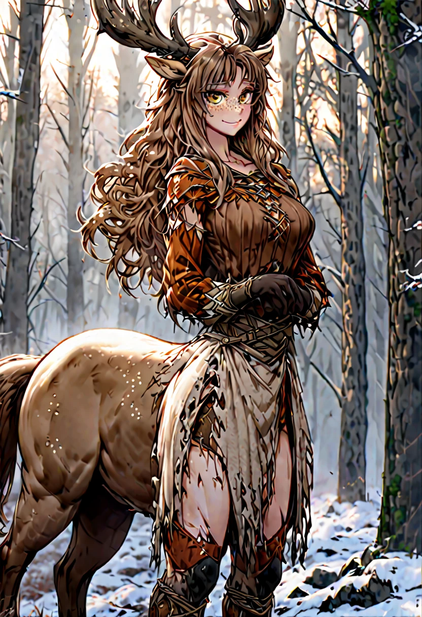 Solo, female, sfw, medium shot, brown hair, long hair, wild hair, deer antlers, huge woman, brown eyes, torn cape, winter, forest, freckles, shy smile, shy pose, ((deertaur)), deer centaur, villager clothes, medieval, furry legs, deer legs, deer body, deer lower body