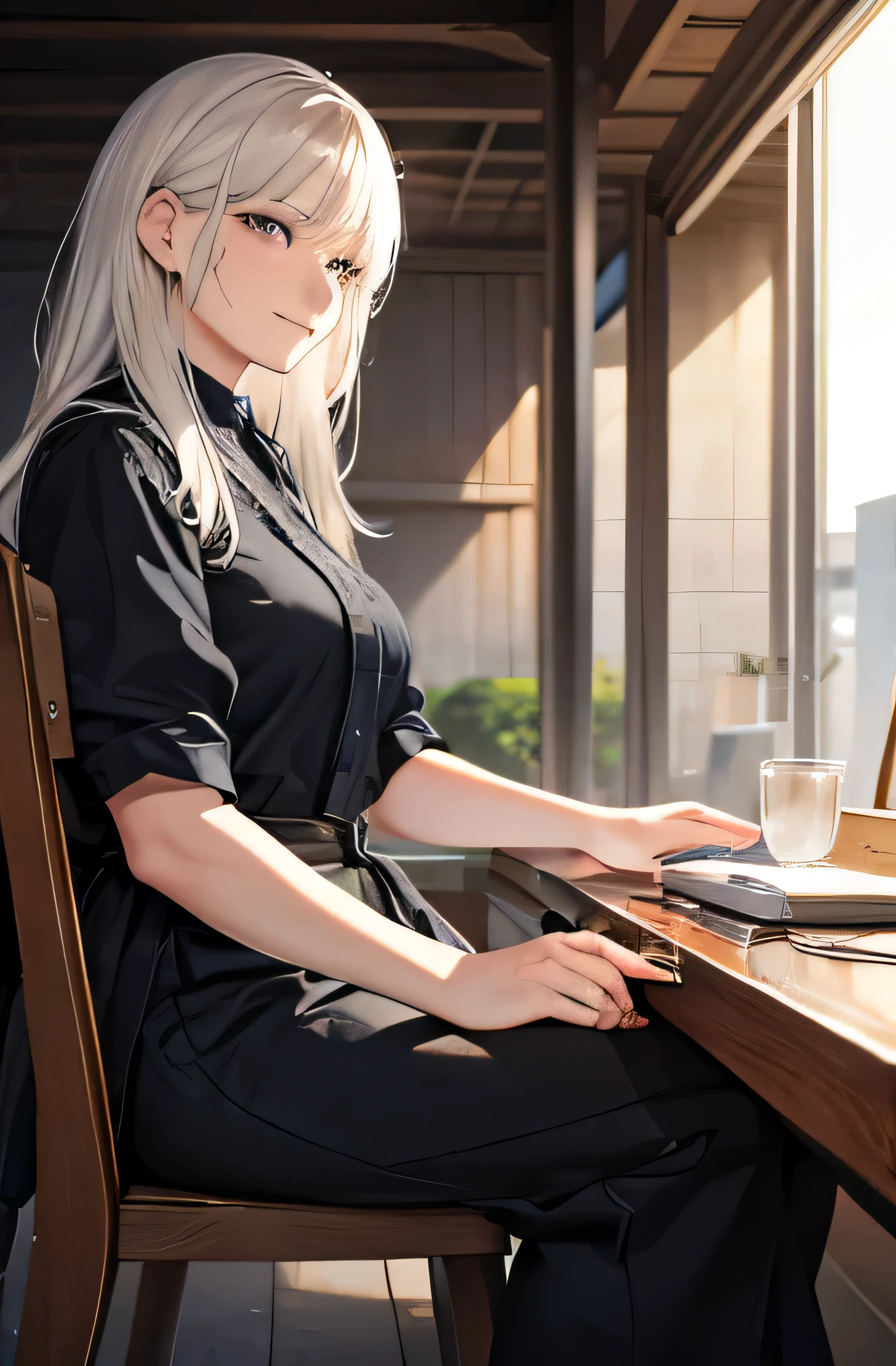 Realistic style, In the midnight, basking in the sun on military base. BREAK A kind-looking old man and woman sit in chairs, smiling with their eyes narrowed. BREAK Both are gazing at the MECA, with their son nearby, who is also standing and having AK-47. BREAK The old man is wearing 眼帯, his hair is thin and white. BREAK The old woman's hair is white, and both have noticeable wrinkles on their hands and faces.{{masterpiece}},{Super detailed},{high quality},{perfection},Metal Gear Solid style,