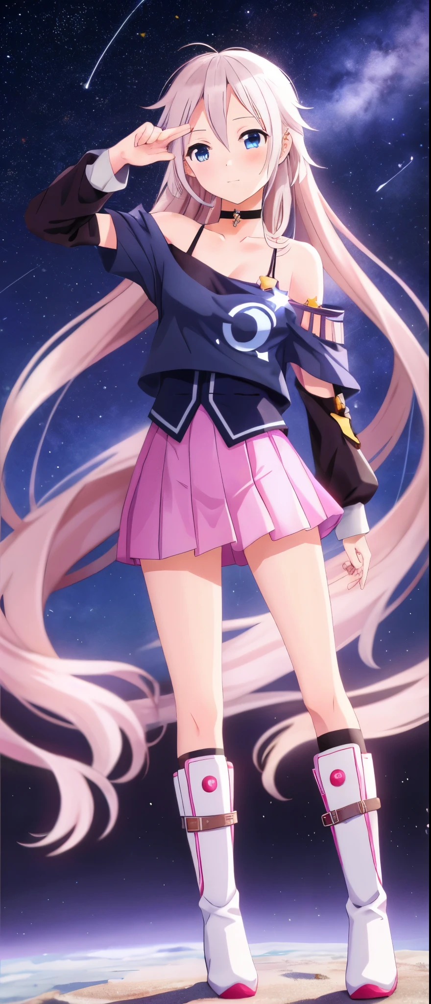 one girl, IA, Vocaloid, CeVIO AI, short skirt, black shirt, off shoulder, choker, beauty, starry sky, mysterious girl, romantic, close to girl, Aria on the Planetes, from diagonally, slender, cool, straight hair, boots, standing, wish upon a stars, look up at the stars, calm, detailed face, cool pose, portfolio