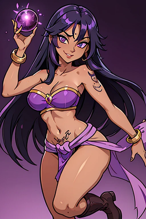 (best quality:1.3), (4K quality), (Detailed face:1.2), (Detailed eyes:1.2), ,Anime Style, solo, 1girl, 25 year old woman, sorceress, (dark skin:1.2), purple hair, wavy hair, long hair, purple eyes, mascaras, purple eyeshadow, (tattoos:1.2), medium breasts, waist, slender legs, attractive body, slim figure, perfect shape, ((Wearing: purple strapless top, purple loincloth, pelvic curtain, golden bracelets, long black boots)), holding a magical stuff, purple magic. She had a refreshing, charming personality and is ambiguous and mysterious. looking at viewer, she's looking at the camera with a flirtatious smile. Fantasy based setting with purple background. Full body portrait