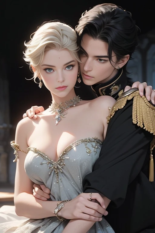 (masterpiece, highest quality, high resolution, 8k, difficulty: 1.2) photorealistic book cover in the genre of epic romantic fantasy, in the center of which a COUPLE (a man and a woman) is depicted. Spring romantic fantasy in the center stands a handsome, tall, statuesque, courageous young brunette man with long black hair, blue eyes, dressed in an ancient black military uniform and golden armor, he hugs from behind a beautiful, incredibly beautiful young femme fatale blonde woman with very short wheat-colored hair, gray-blue eyes, she The princess. proportional, delicate, shimmering, beautiful faces, daytime bokeh, fairy tale fairy, mysterious, bright spring color scheme, (Best quality, 8K, high resolution, Masterpiece: 1.2), Over-detailed (Realistic, Photorealistic, photorealistic-realistic: 1.37), Artistic decoration in a creative style, Historical, classic, sophistication, multicolor, high detail, soft lighting, luxurious furnishings, dress with details, bright flowers, exquisite jewelry, Unearthly atmosphere, Elegant pose, Graceful curves, Loose hair, Breathtaking patterns on textiles, Delicate floral decor, Dazzling set of crystal accessories, mysterious and dreamy atmosphere, impeccable attention to detail. expressive eyes, beautiful face. mature woman, aqua eyes, blonde hair,