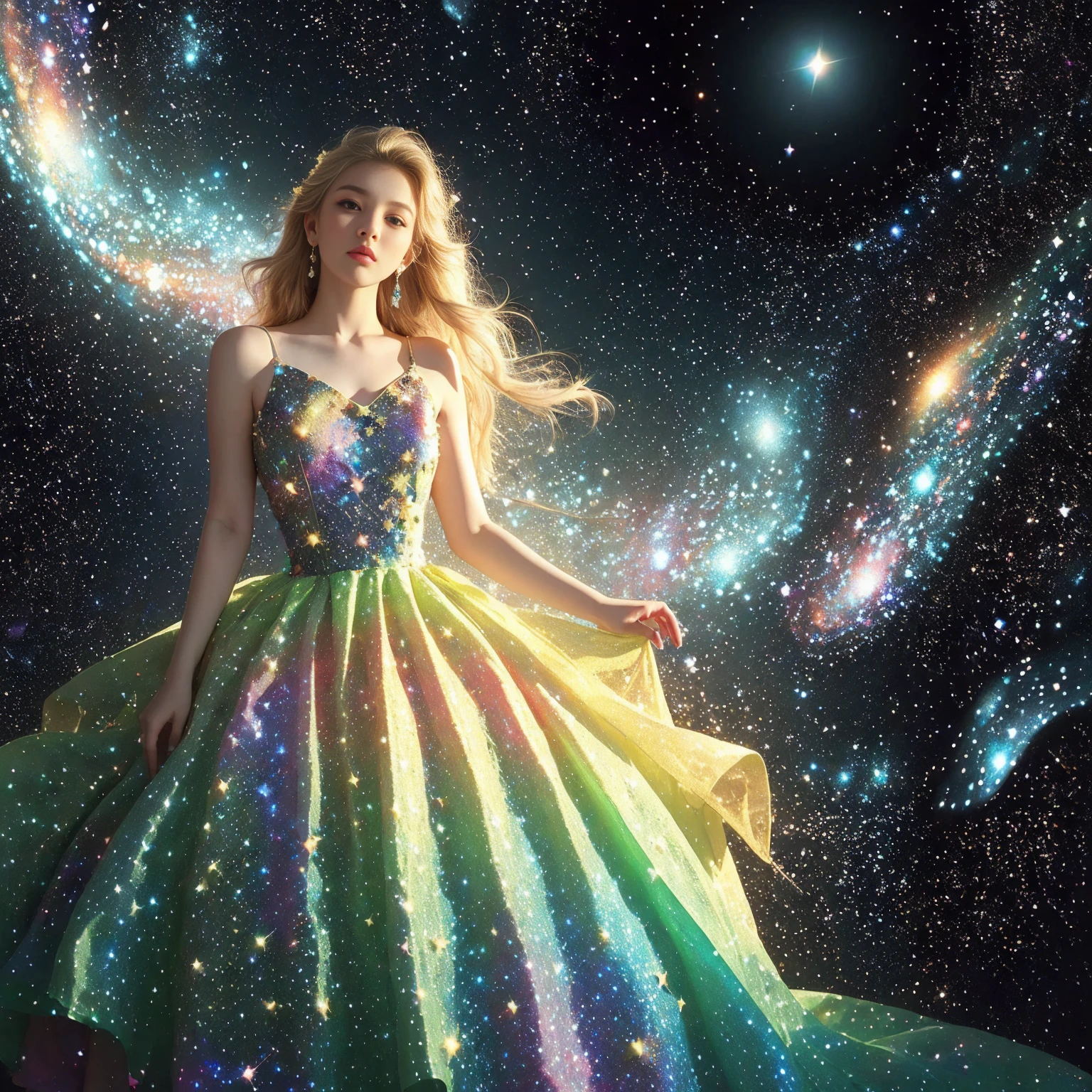 Psychedelic Style 1 Girl,One,Wide Shot,(A wide dress made of galaxies and stars:1.3),Exposing shoulders,No straps,jewelry,Earrings,Blonde Hair,Long Hair,High angle shot,Surreal,Fantasy,dream-like,masterpiece,highest quality,High resolution,Subtle details,. Bright colors,Swirl pattern,Abstract shapes,Surreal,strange,full_body,