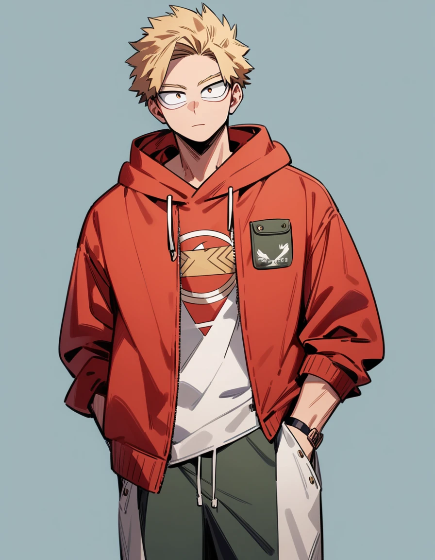 One boy, male focus, brown and blond hair, boku no hero academia, masterpiece, best quality, very aesthetic, red hoodie, navy green joggers, white leather boots, full body illustration, casual front pose.