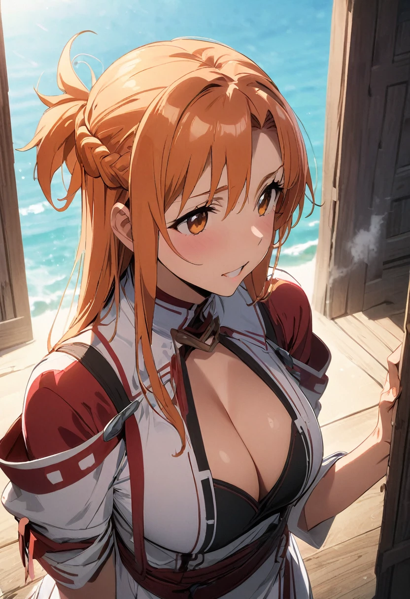 Yuuki Asuna, ((masterpiece)), High resolution, Big Breasts、 Bright orange hair, Mature Woman、vapor、、Miko costume、(((Cleavage)))、Shot from above、Two women、Comic book style、Handjob