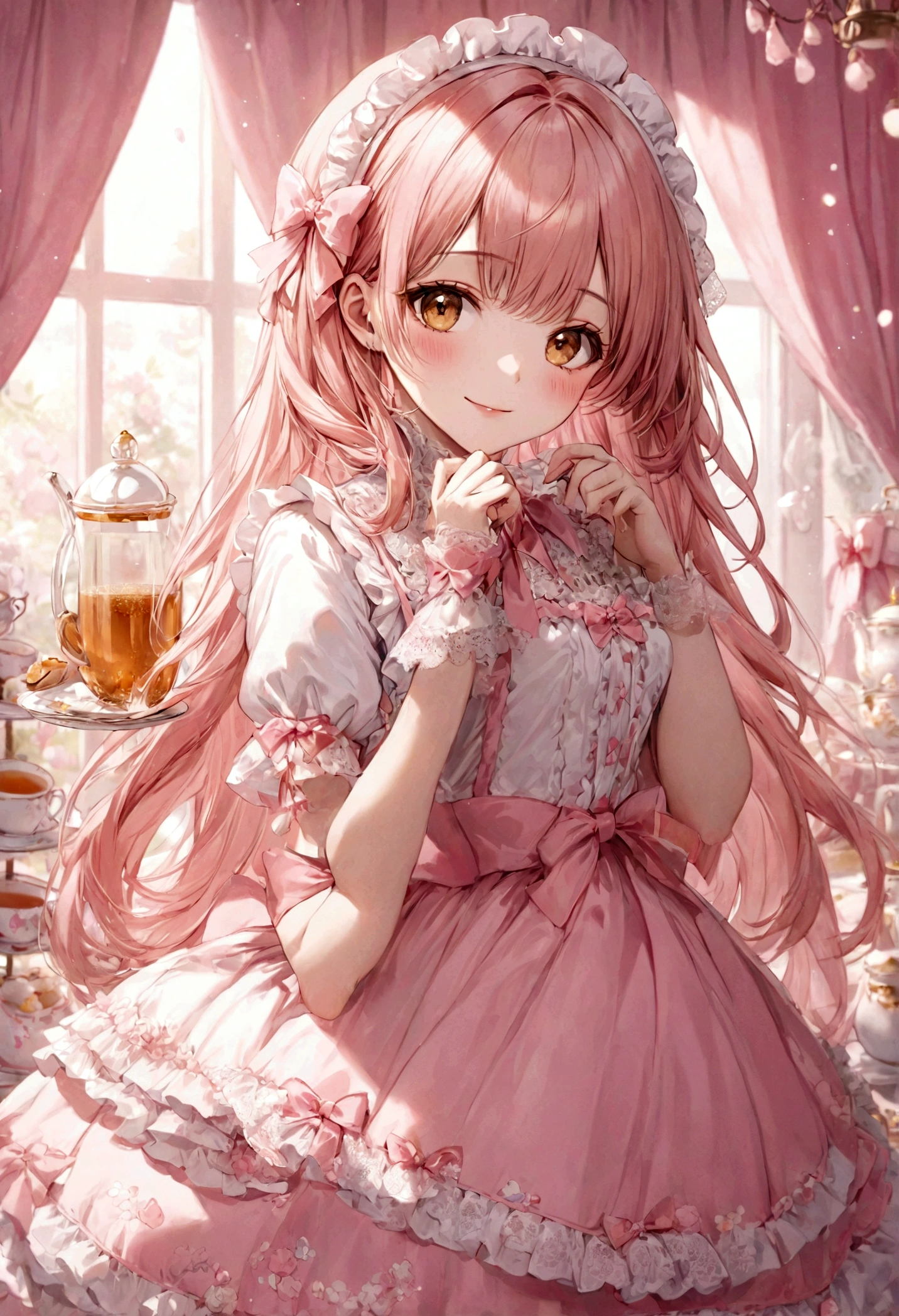 ((top-quality)), ((​masterpiece)), ((ultra-detailliert)), (extremely delicate and beautiful), peach pink hair, long straight hair, golden eyes, cute woman, wearing pink lolita dress, lolita dress with lace, cute smile, pink sash bows, tea party background
