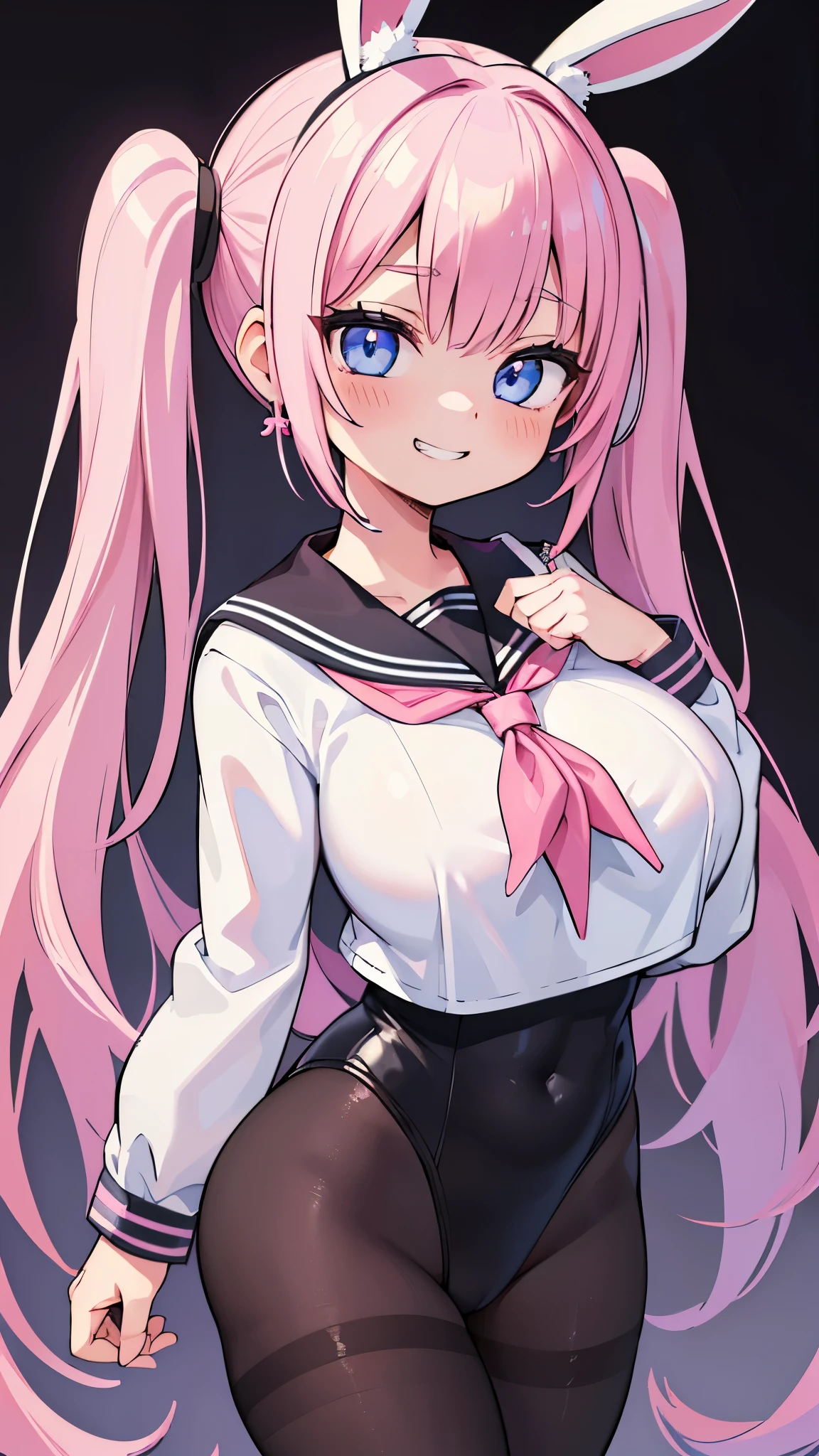 (masterpiece、highest quality、Super detailed)、((One girl))、((Pink Hair))、((Twin tails))、((Light blue eyes))、evil smile、((Grin))、Earrings、((Very large breasts))、Rabbit ears、((white serafuku:1.3))、((Black leotard))、((black pantyhose))、Cowboy Shot、Bar Background