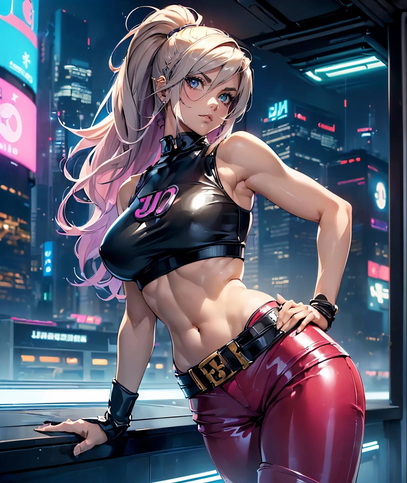 ((1 girl:1.3, solo))、absurdres, ultra-detailliert, digitial illustration, Meticulously drawn hair, Meticulously drawn eye, double E cup breast, Glossy realistic skin texture、Smooth texture、shiny skin、Sexy body, ((cyberpunk))、((jojo posing:1.4))、((arched back))、glaring look、((Being in midnight city:1.2))、((sleeveless:1.2))、((ripped:1.2, hot pants:1.4, highleg:1.3))、((latex))、((crop top navel:1.2))、((wedgie:1.2))、((huge hip:1.3))、Sharp Focus, full body