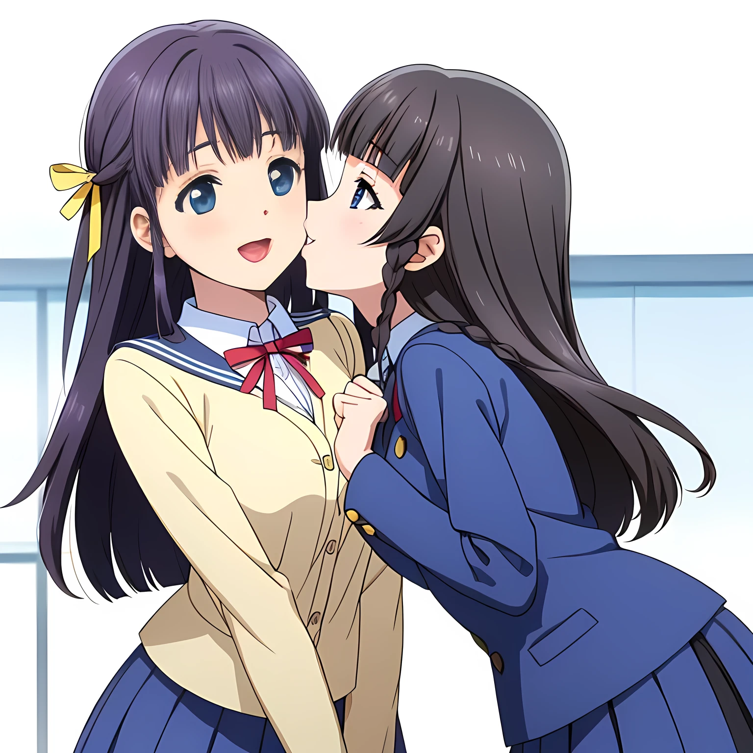 (highest quality, masterpiece:1.2), highest quality, High resolution, 1080p, 8K, Game heroine CG, Height: 158cm, Birch tree, ((２Two game heroine girls are facing each other, smiling and kissing each other)), A face that everyone loves, Glossy lips, Even bangs, Double, Long eyelashes on both the top and bottom, Princess-like, smiling, graceful blue eyes, The very large and thick yellow ribbon bowtie is very cute., ((Black Hair)), Beautiful, shiny, long black hair, ((A long, neat, dark navy pleated skirt)), (((A long-sleeved navy blue sailor uniform for winter, all dark blue in color))), ((Navy blue jacket)), Smiling, slightly open mouth like a game heroine, Ribbon in hair, Tight waist, The background is a blank white space, ((Blur the background)), ((Covering the opponent))