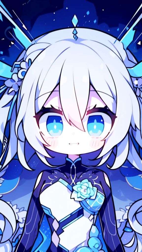  girl，Kilo，4K，Expressionless face，Anime Style，profile，Blue colored eyes，White Hair,((whole body)),Confused Eyes,(Default Character)SD Character, masterpiece,highest quality,Super detailed,4K,Ultra-fine illustrations,Very exquisite beautiful face and eyes,Cyan color scheme, Lighting,Fantasy,Very solemn atmosphere,Long Hair,Floating Hair,Grin,Combat Stance,Dynamic pose,Particle Light,Illumination,plasma,current,Blue Flame,Depth,Dynamic Angle,