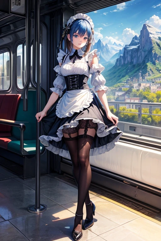 Full body drawing, (masterpiece), (best quality), (hyperdetail), (illustration))), ((extremely delicate and beautiful)), maid, black tights, blue hair, blue eyes, Background mountains and a modern train in motion