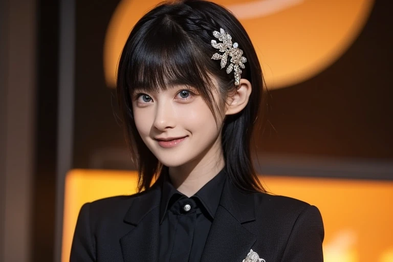 4k,best quality,masterpiece,20yo 1girl,(black suit and pants, alluring smile, head ornaments
(Beautiful and detailed eyes),
Detailed face, detailed eyes, double eyelids ,thin face, real hands, muscular fit body, semi visible abs, ((short hair with long locks:1.2)), black hair, aurora background, painted brush ink background
real person, color splash style photo,