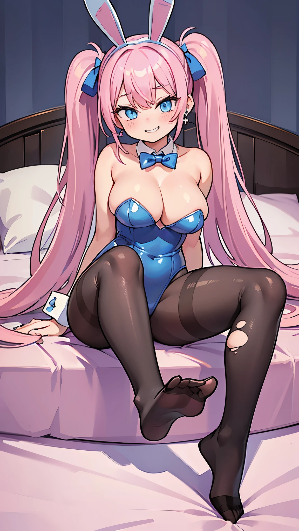 (masterpiece、highest quality、Super detailed)、((One girl))、((Pink Hair))、((Twin tails))、((Light blue eyes))、evil smile、((Grin))、Earrings、((Very large breasts))、((playboy bunny))、((torn pantyhose))、On the bed、sitting、knees up、open legs、Shoot from below、Bedroom Background