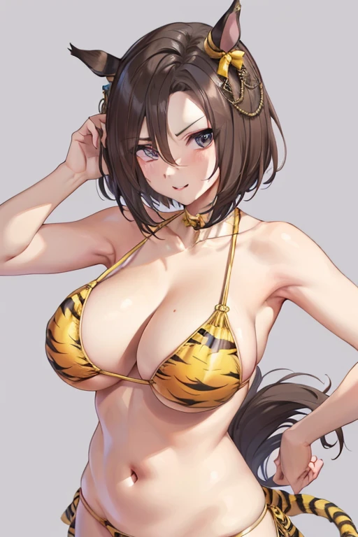 air groove \(umamusume\) wearing a yellow tiger bikini print, Sexy body, plump, big tits, sexypose