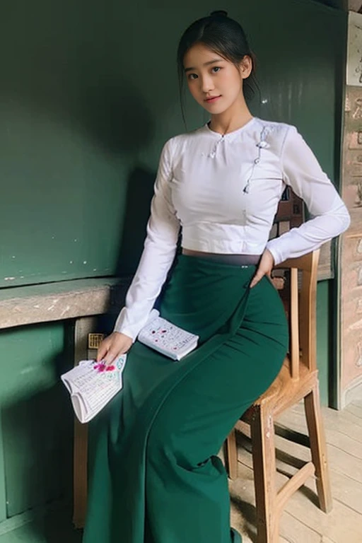 A school teacher is 30years old.Tall, thin, big hips, big breasts, black hair, small lips, brown eyes, attractive, K.Top=white Burmese blouse,With long sleeves,Buttoned at the side.Bottom=(Dark green) long skirt.
Footwear=female Burmese sandals,The hair is knotted bun.