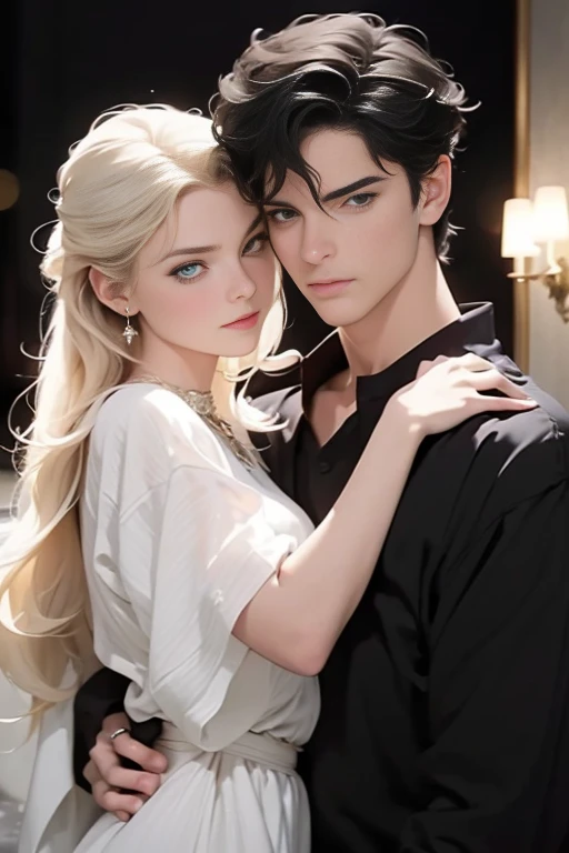 (masterpiece, highest quality, high resolution, 8k, difficulty: 1.2) photorealistic book cover in the genre of epic romantic fantasy, in the center of which a COUPLE (a man and a woman) is depicted. Spring romantic fantasy in the center stands a handsome, tall, statuesque, courageous young brunette man with long black hair, blue eyes, dressed in an ancient black military uniform and golden armor, he hugs from behind a beautiful, incredibly beautiful young femme fatale blonde woman with very short wheat-colored hair, gray-blue eyes, she The princess. proportional, delicate, shimmering, beautiful faces, daytime bokeh, fairy tale fairy, mysterious, bright spring color scheme, (Best quality, 8K, high resolution, Masterpiece: 1.2), Over-detailed (Realistic, Photorealistic, photorealistic-realistic: 1.37), Artistic decoration in a creative style, Historical, classic, sophistication, multicolor, high detail, soft lighting, luxurious furnishings, dress with details, bright flowers, exquisite jewelry, Unearthly atmosphere, Elegant pose, Graceful curves, Loose hair, Breathtaking patterns on textiles, Delicate floral decor, Dazzling set of crystal accessories, mysterious and dreamy atmosphere, impeccable attention to detail. expressive eyes, beautiful face. mature woman, blue eyes, blonde hair,