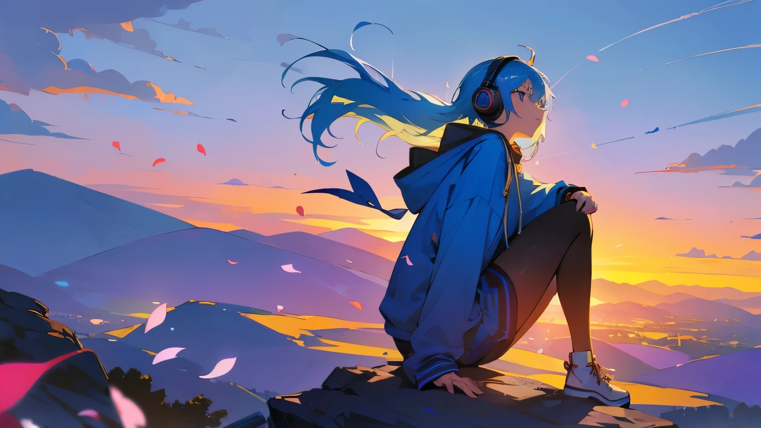 there is a blue haired girl sitting on the edge, look up at the sky, inspired by Peter Benjamin Graham, a wanderer on a mountain, girl wearing headphones, wearing a hoodie with a large hood, colorful petals dance around her, beautiful sunset,