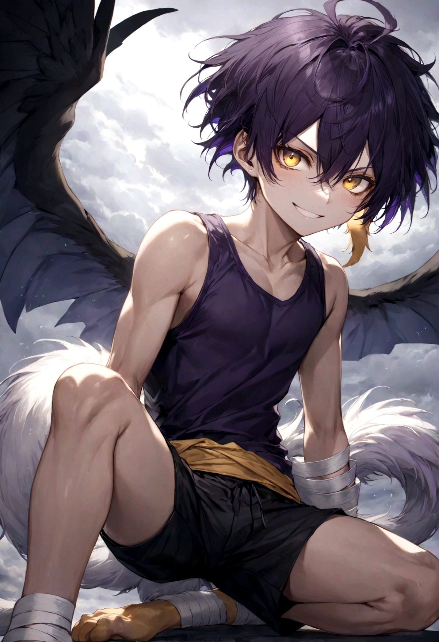 ((top-quality)), ((​masterpiece)), ((ultra-detailliert)), (extremely delicate and beautiful), harpy boy, lion tail, bandages on feet, mischievous smile, dark purple hair, golden feline eyes, well fitted black tank top, dark black shorts, stormy sky background
