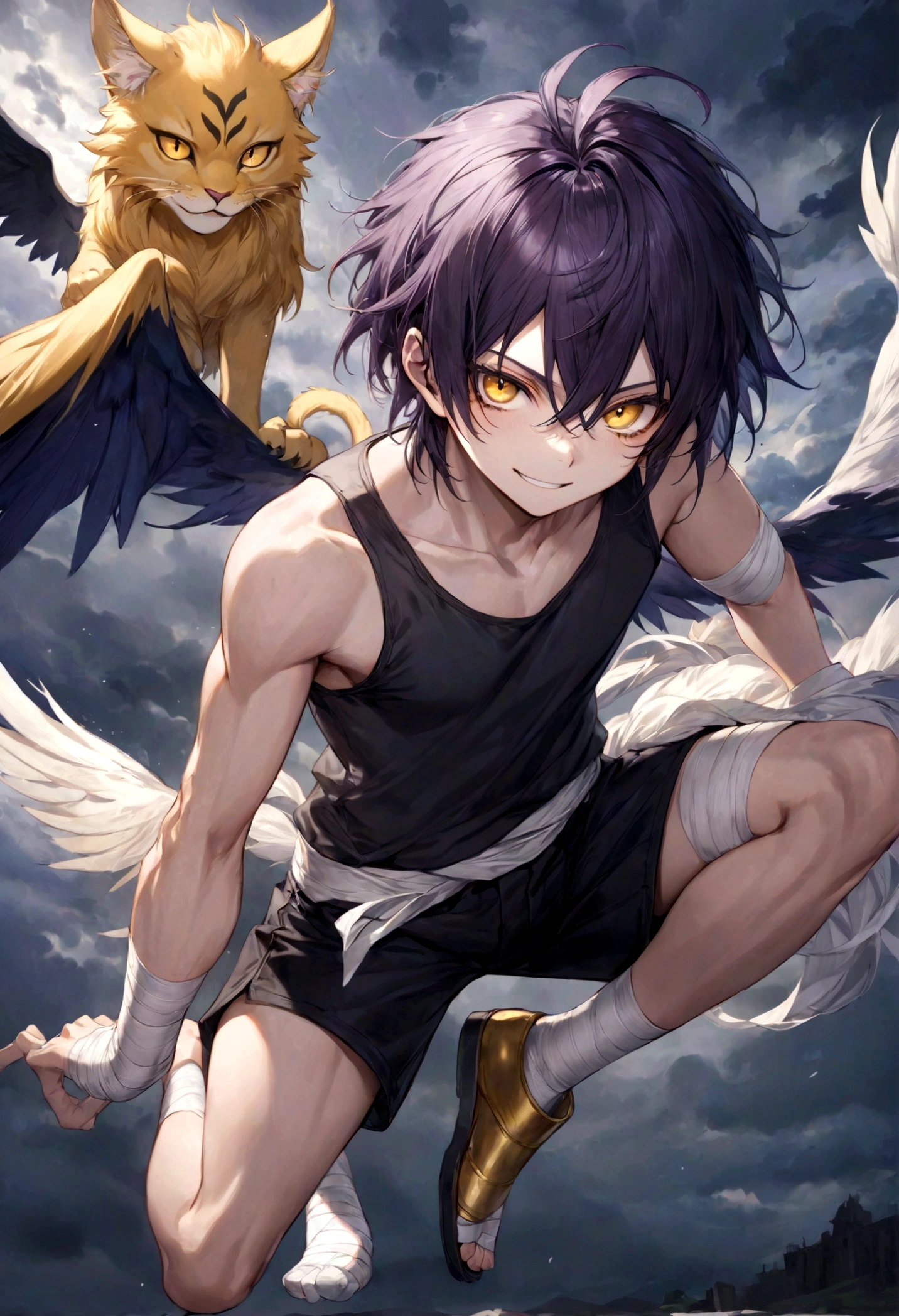 ((top-quality)), ((masterpiece)), ((ultra-detailliert)), (extremely delicate and beautiful), harpy boy, lion tail, bandages on feet, mischievous smile, dark purple hair, golden feline eyes, well fitted black tank top, dark black shorts, stormy sky background