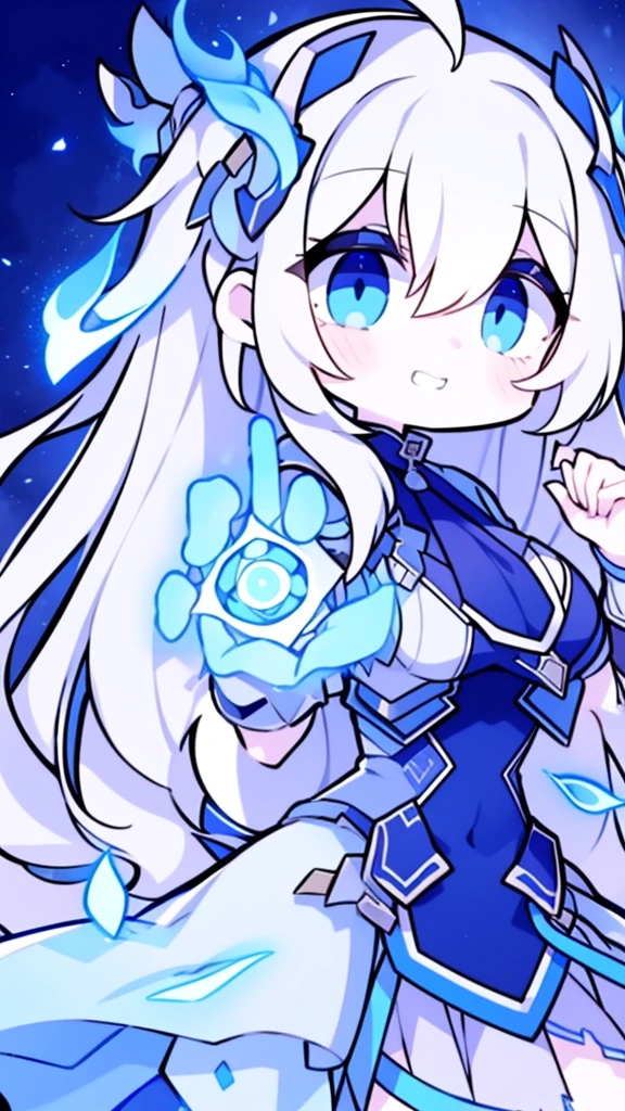 girl,Kilo,4K,Expressionless face,Anime Style,profile,Blue colored eyes,White Hair,((whole body)),Confused Eyes,(Default Character)SD Character, masterpiece,highest quality,Super detailed,4K,Ultra-fine illustrations,Very exquisite beautiful face and eyes,Cyan color scheme, Lighting,Fantasy,Very solemn atmosphere,Long Hair,Floating Hair,Grin,Combat Stance,Dynamic pose,Particle Light,Illumination,plasma,current,Blue Flame,Depth,Dynamic Angle,