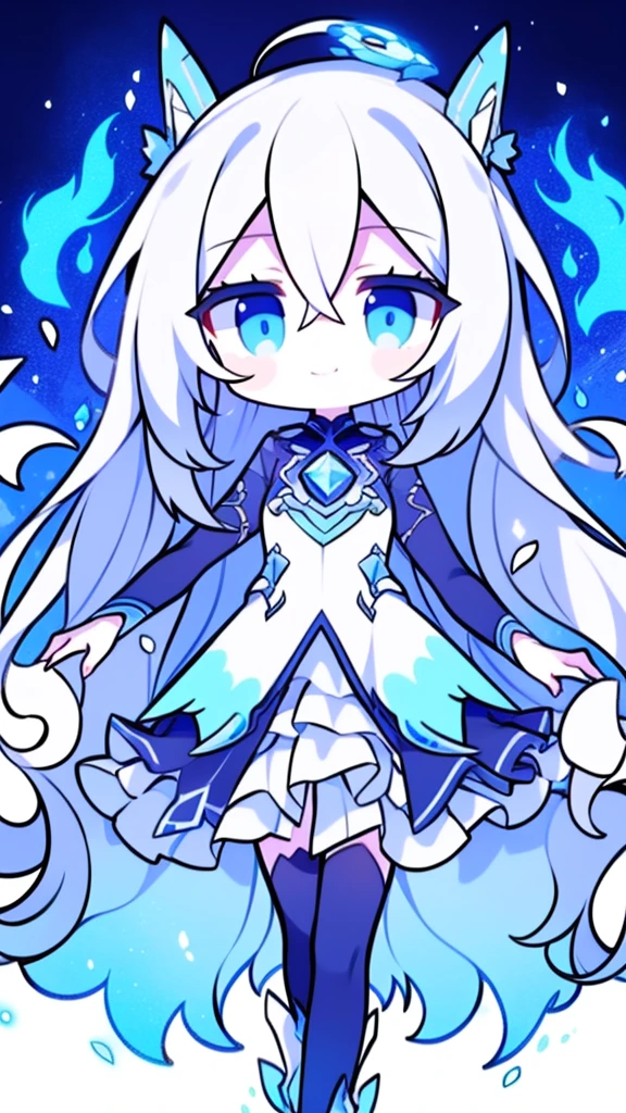  girl，Kilo，4K，Expressionless face，Anime Style，profile，Blue colored eyes，White Hair,((whole body)),Confused Eyes,(Default Character)SD Character, masterpiece,highest quality,Super detailed,4K,Ultra-fine illustrations,Very exquisite beautiful face and eyes,Cyan color scheme, Lighting,Fantasy,Very solemn atmosphere,Long Hair,Floating Hair,Grin,Combat Stance,Dynamic pose,Particle Light,Illumination,plasma,current,Blue Flame,Depth,Dynamic Angle,